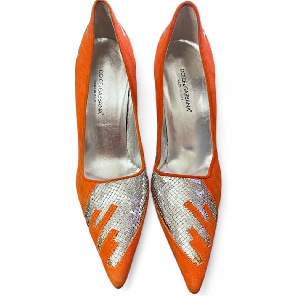 Dolce & Gabbana Vibrant Orange suede featuring silver accents. Size 40 (10-10.5)